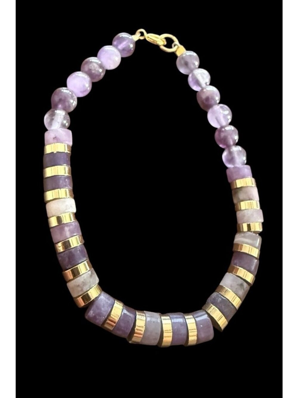 Natural Amethyst Cylinder Bead Round Gemstone Gold Tone Spacer Bracelet 7.5 in